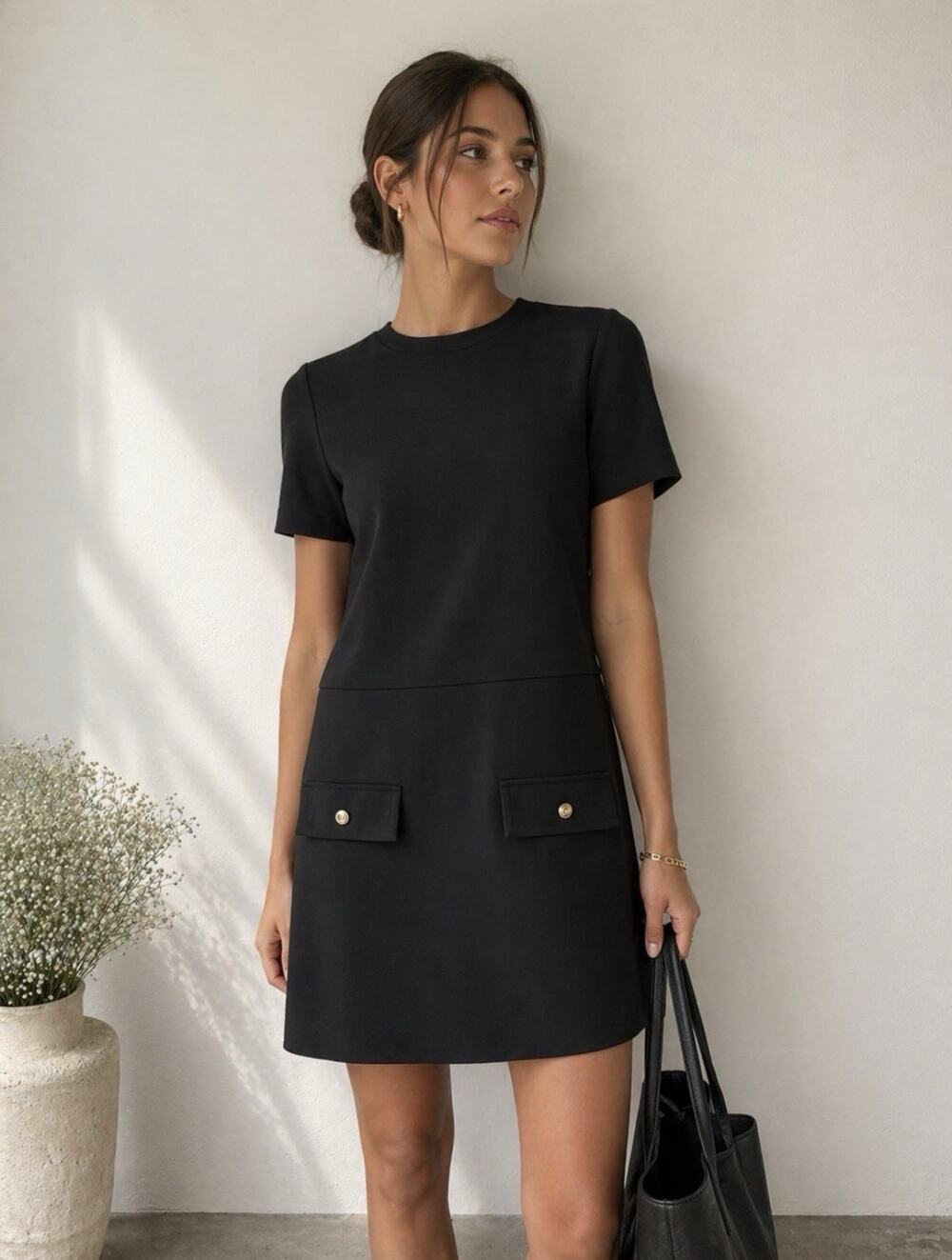 Zara Black Minimalist Shift Dress NWT Small Gold Button Pocket Clean Grl Capsule